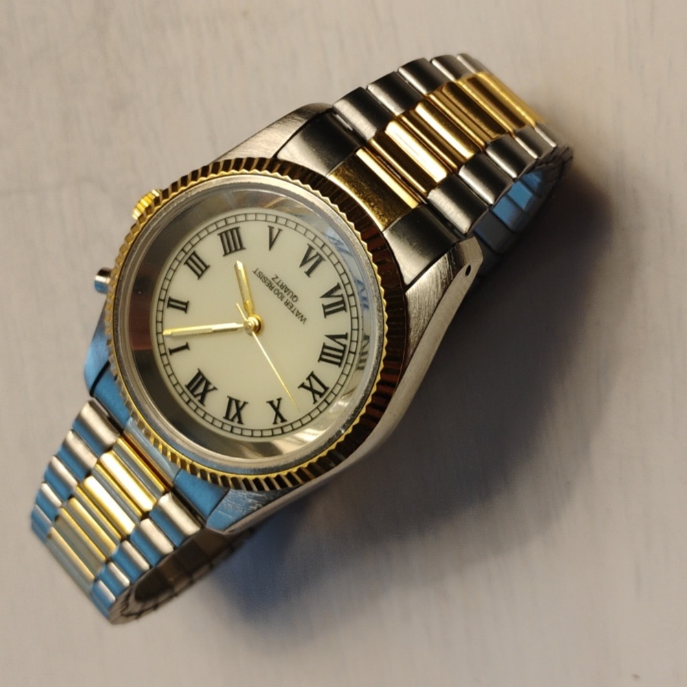 Men's Silver And Gold Tone Stretch Band Water Resistant Watch